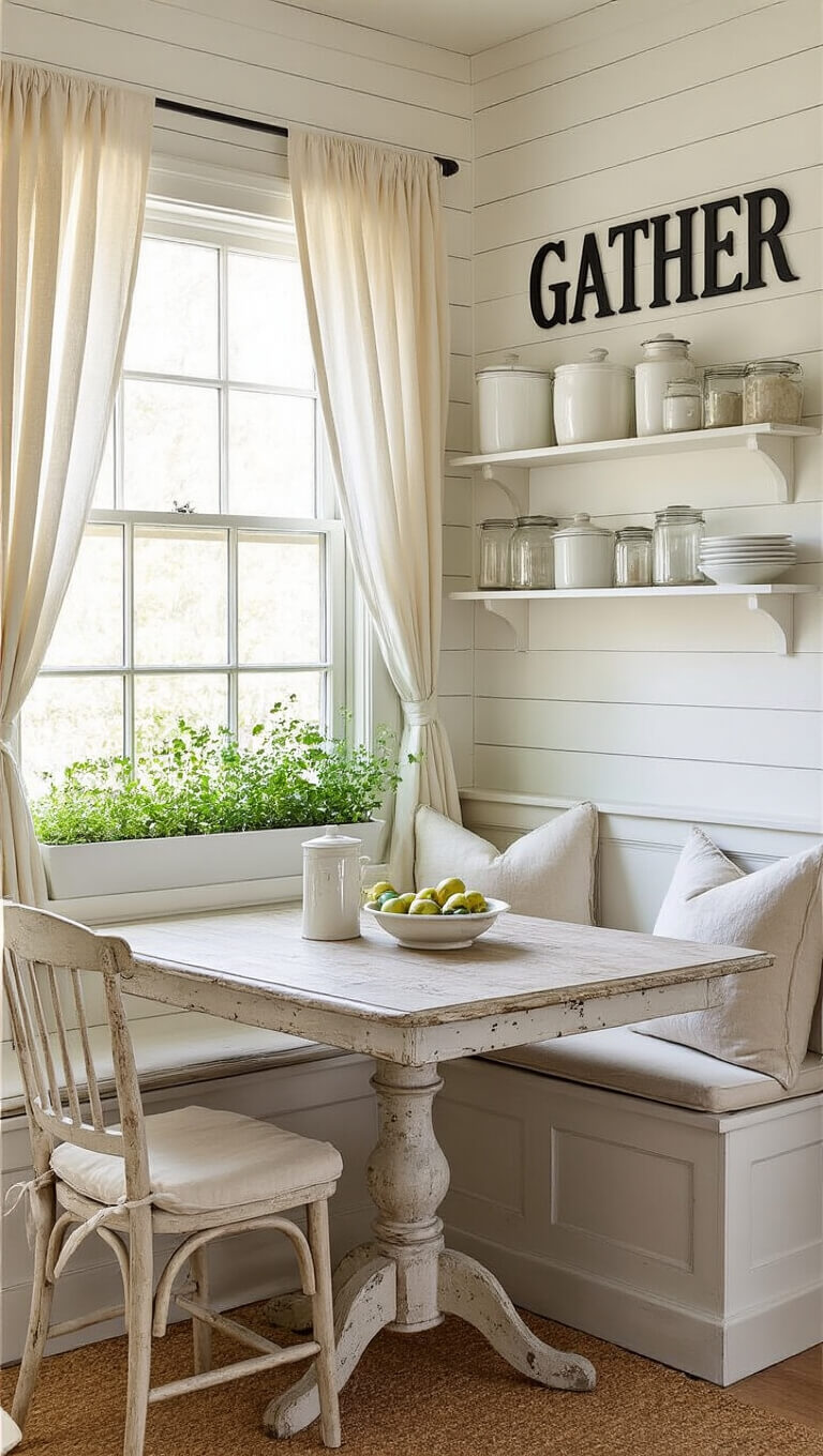 Cozy farmhouse kitchen nook with a distressed wood table, mismatched cushioned chairs, and 'Gather' sign, bathed in golden hour light with herbs on the windowsill and vintage shelves above.
