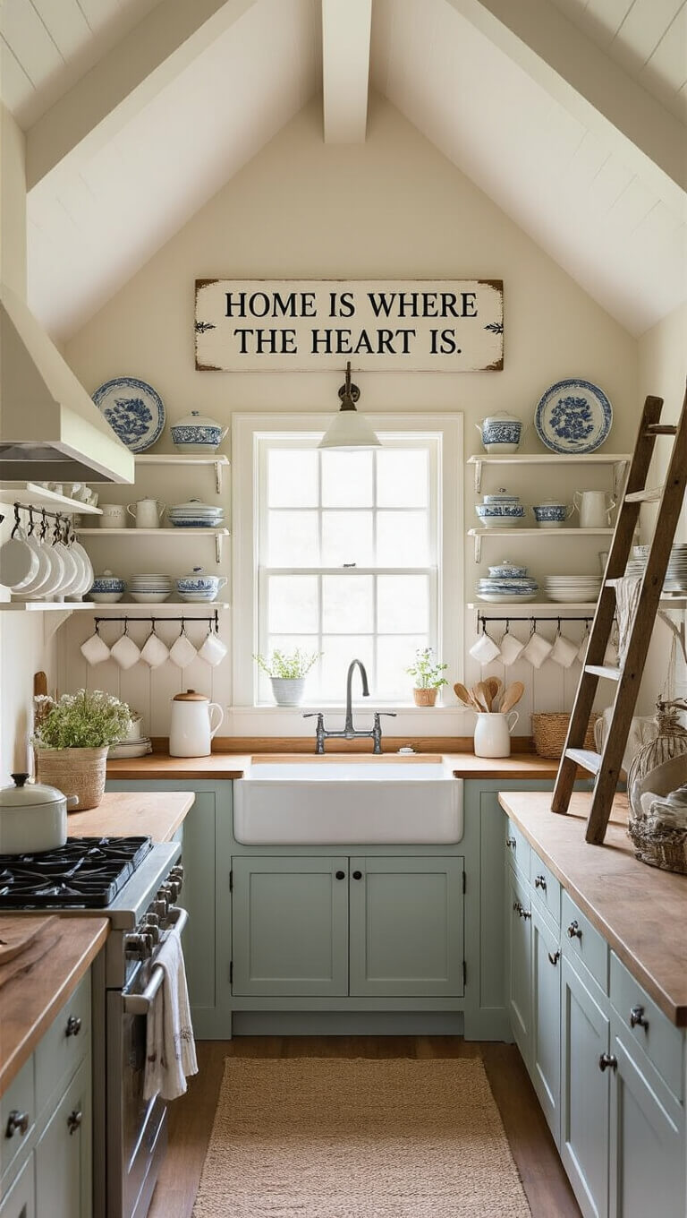 Charming farmhouse galley kitchen with vaulted ceiling, rustic decor, vintage ladder, and morning light illuminating blue and white china on open shelves.