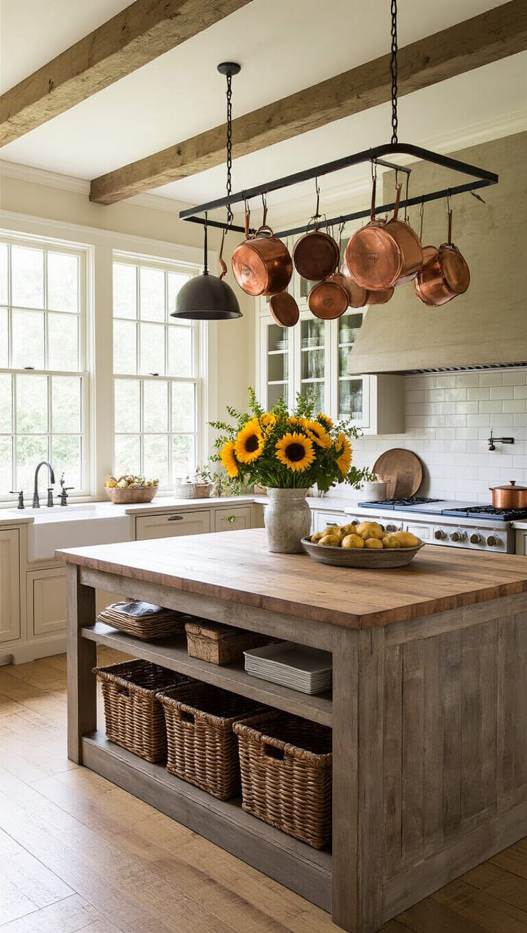 Spacious farmhouse kitchen with reclaimed wood island, copper cookware, glass-front pantry, and connected sunroom featuring a leather armchair and family photo gallery.