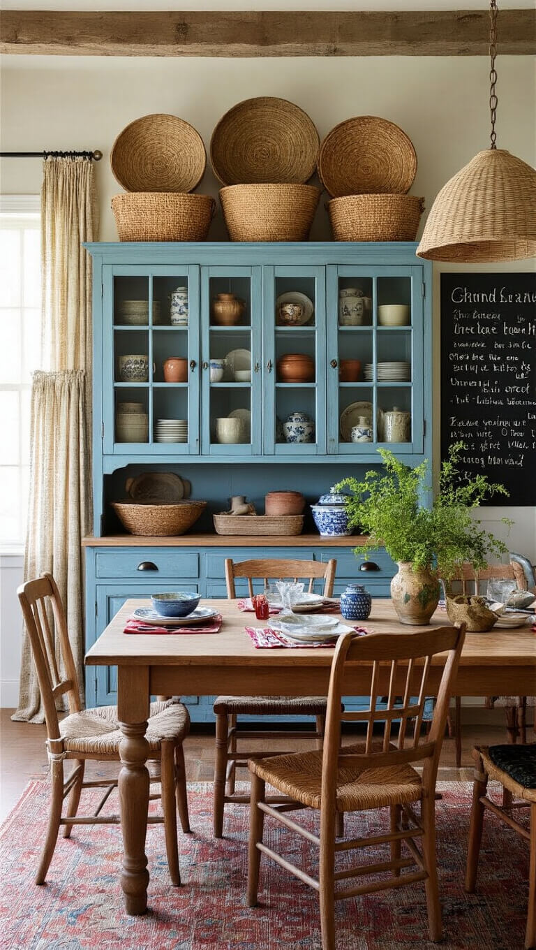 Eclectic farmhouse kitchen with global decor, featuring a distressed blue china cabinet, handwoven baskets, chalkboard wall, mismatched chairs, and colorful textiles in earthy tones.