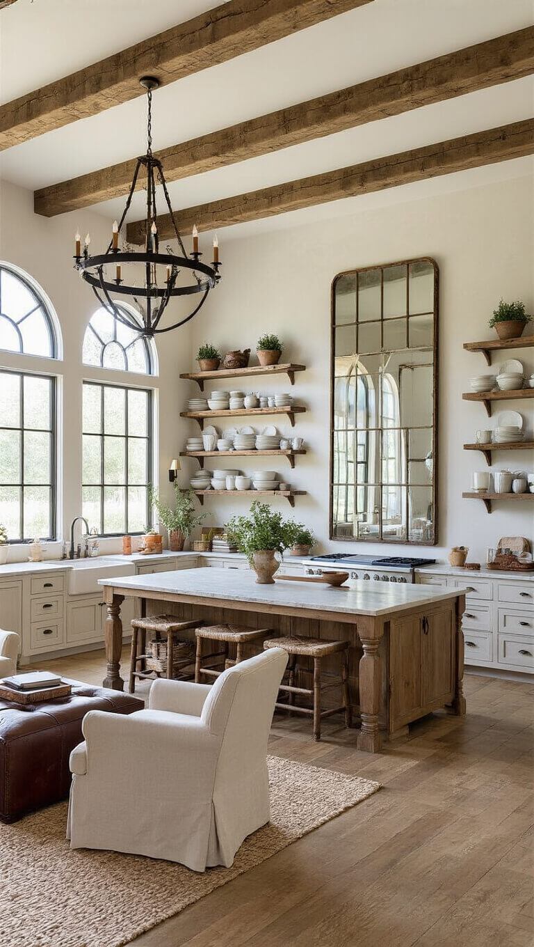 Rustic-refined farmhouse kitchen with high ceilings, marble island, reclaimed wood chandelier, arched windows, open shelving with white dishes and copper, antique mirror, and cozy fireplace seating.