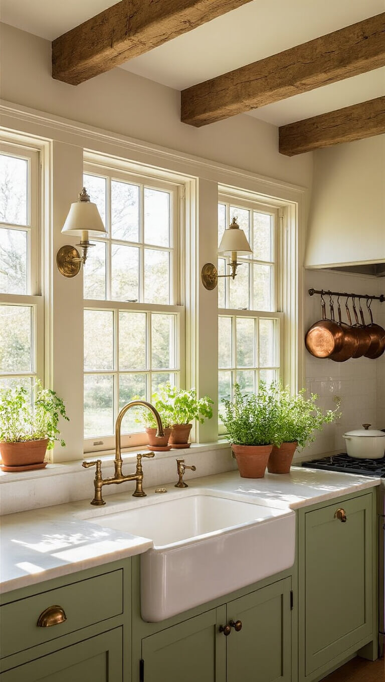 Sunlit farmhouse kitchen with vaulted ceilings, exposed beams, sage green cabinets, porcelain apron sink, brass sconces, copper pots, and herbs on windowsill.