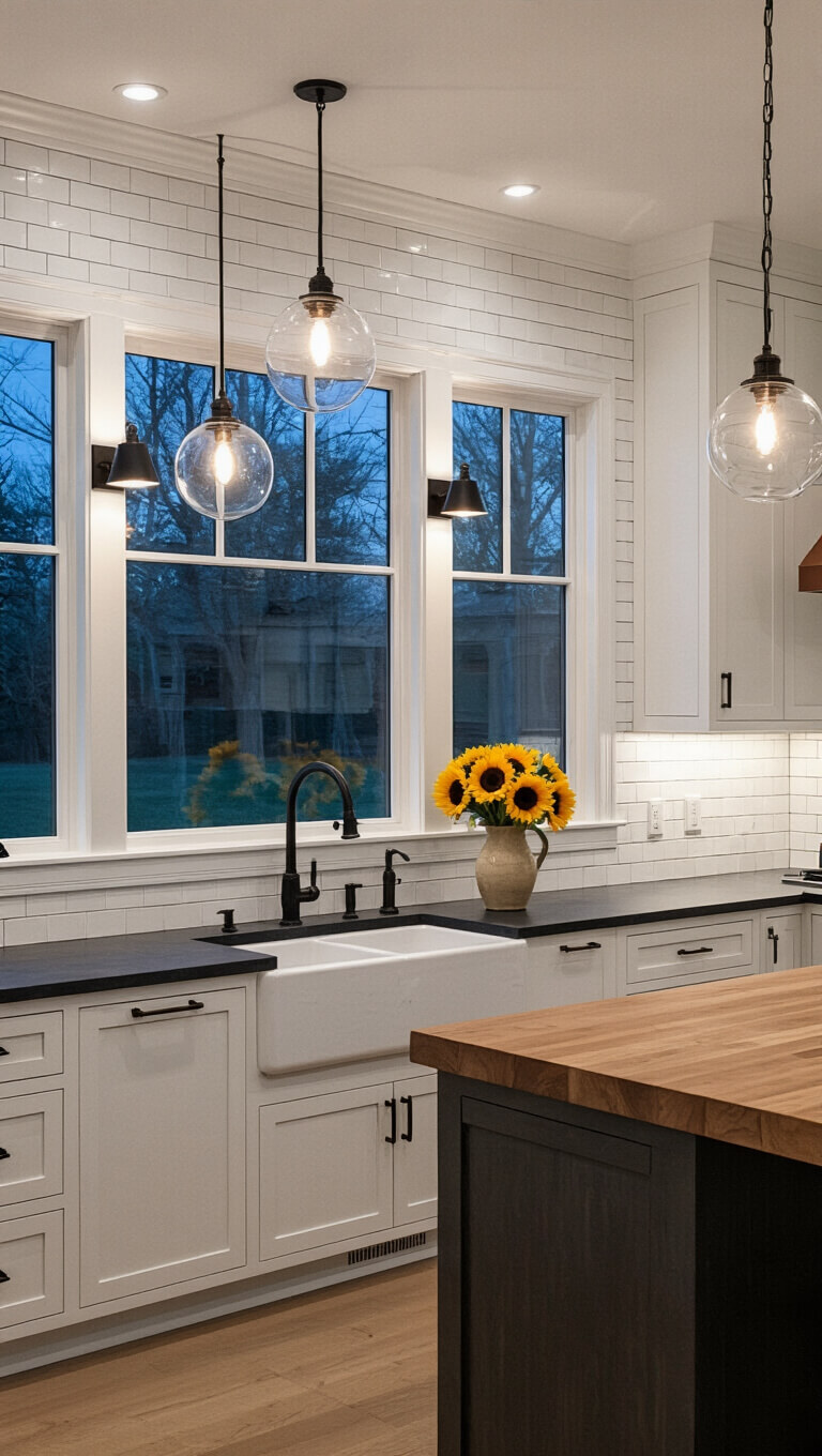 Wide-angle view of a modern farmhouse kitchen at dusk, featuring a large center island with glass pendant lights, a farmhouse sink under a picture window, white shaker cabinets, dark countertops, and sunflower centerpiece.