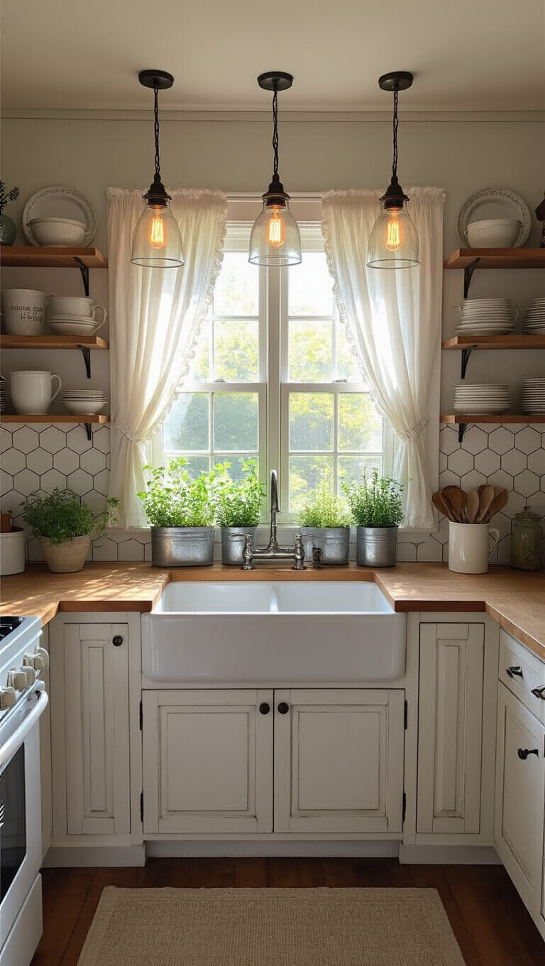 Cozy cottage kitchen with farmhouse sink under a window, ruffled linen curtains, mason jar pendant lights, distressed white cabinets, butcher block counters, vintage dishware on open shelves, and a small herb garden on the windowsill.