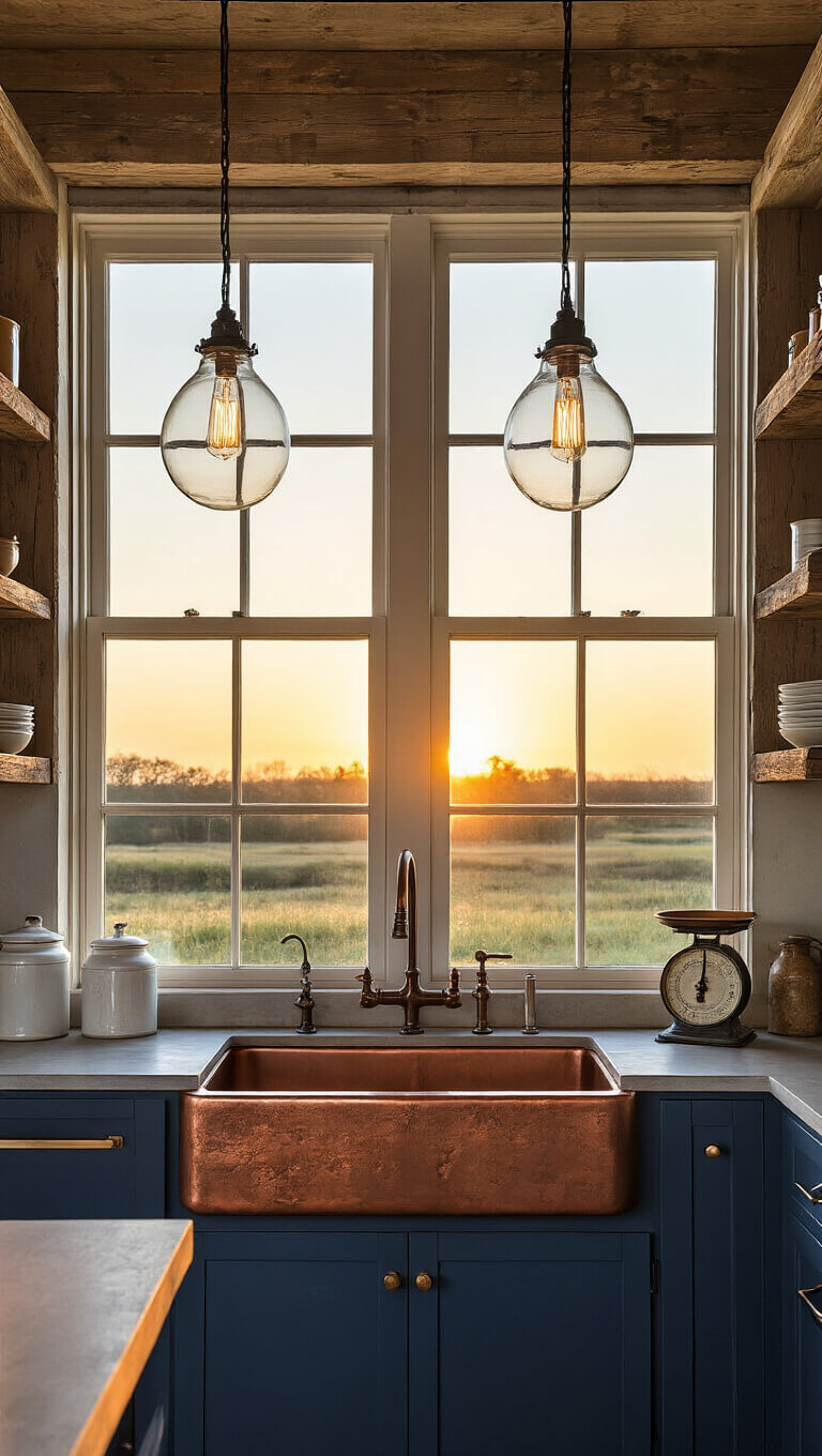 Rustic-industrial farmhouse kitchen with copper sink, navy cabinets, concrete countertops, barn wood shelves, and golden hour sunlight highlighting warm textures.