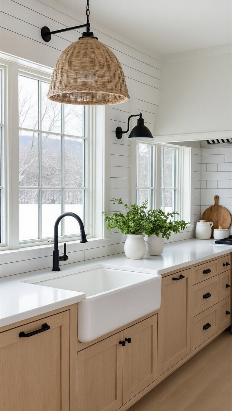 High-angle view of a Scandinavian-style farmhouse kitchen with a white farmhouse sink under a picture window, light oak cabinets, white quartz countertops, black sconces, and a woven pendant light.