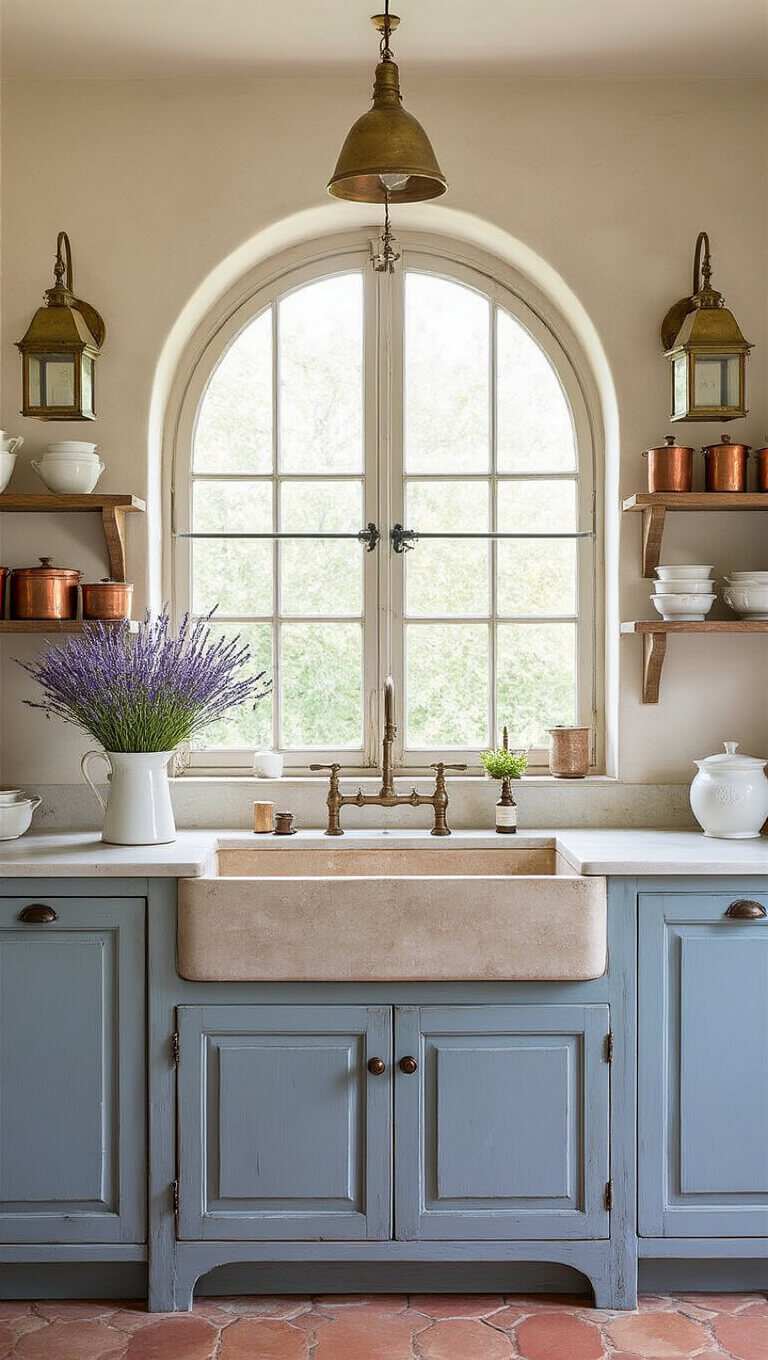 French country farmhouse kitchen with limestone sink, distressed blue-gray cabinets, antique brass sconces, arched ironwork window, marble countertops, copper pots, white dishes, and lavender in enamel pitcher on terracotta tile floor.