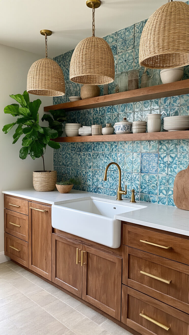 Modern bohemian farmhouse kitchen with walnut cabinets, Moroccan tile backsplash, rattan pendant lights, floating wood shelves, and white farmhouse sink under bright natural light.