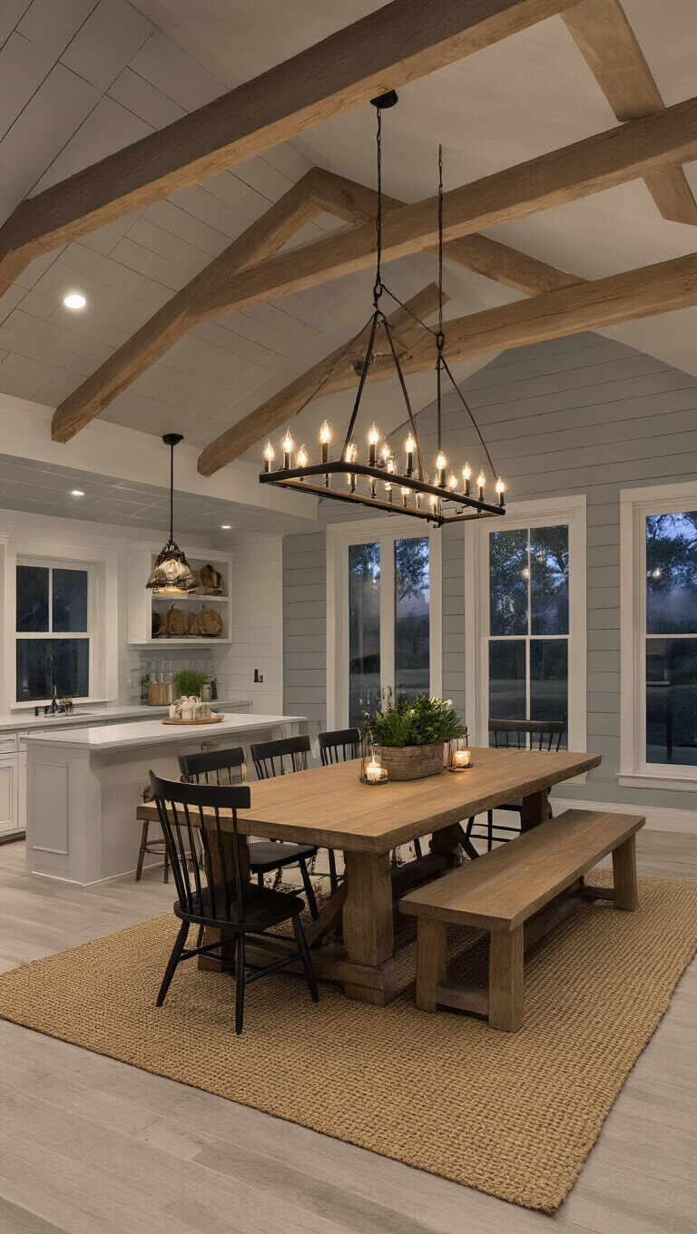 Overhead view of a cozy open-concept kitchen-dining area at dusk with vaulted ceiling, farmhouse table for eight, black iron chandelier, and soft gray shiplap accent wall.