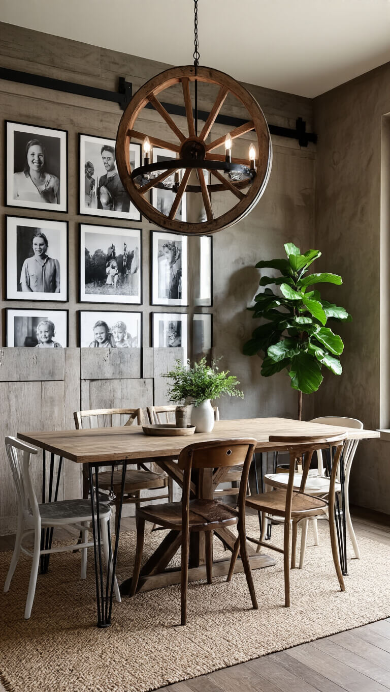 Rustic-modern dining room with rectangular table, mismatched vintage chairs, wooden wheel chandelier, barn door, and gallery wall of black and white photos.