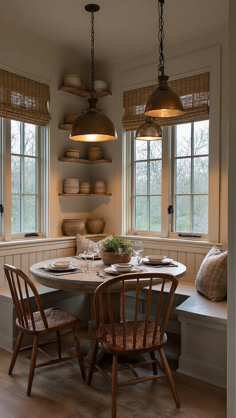 Cozy farmhouse dining nook with built-in bench, round table, bronze pendant lights, and ironstone pottery on overhead shelves at twilight.