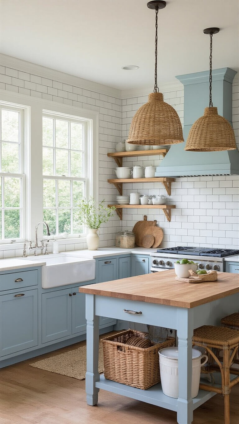 Bright eat-in kitchen with pale blue cabinets, farmhouse sink under large window, butcher block island, rattan pendant lights, and open shelving with enamelware.