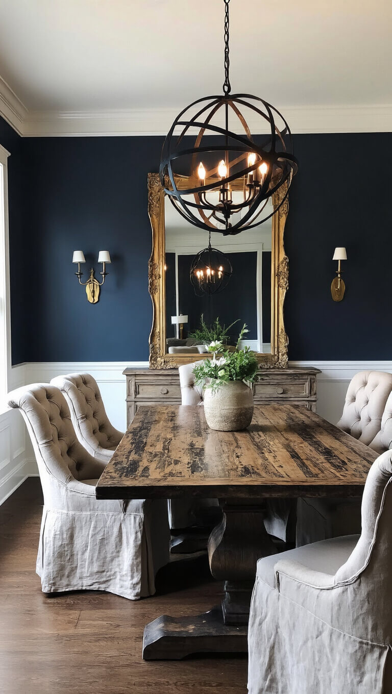 Moody nighttime dining room with dark navy walls, white trim, a large distressed wood table, tufted linen chairs, and a black metal orb chandelier.