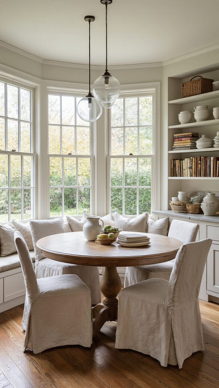 Cozy kitchen dining area with oval table, slipcovered chairs, bay window, glass globe pendants, and open shelves displaying vintage cookbooks and white pottery on a rainy afternoon.