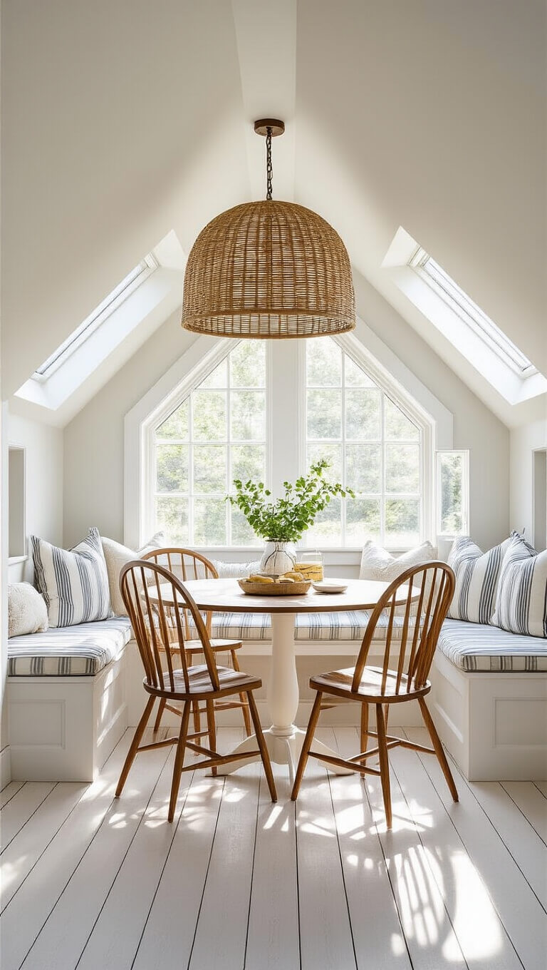 Cozy sunlit attic breakfast nook with round table, Windsor chairs, rattan pendant light, window seat, and dormer windows.