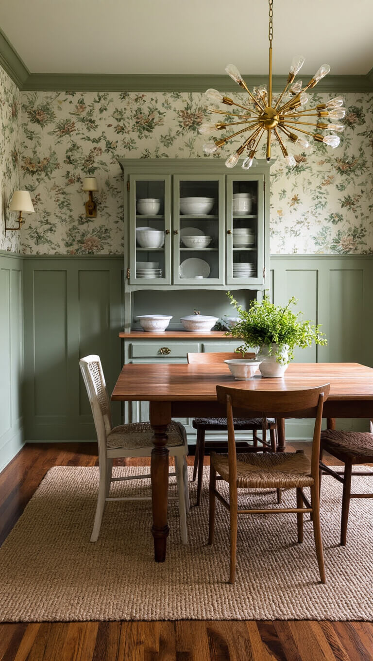Eclectic farmhouse dining room with sage green wainscoting, floral wallpaper, mismatched vintage chairs around a rectangular table, brass sputnik chandelier, and hutch with mixed dishware.