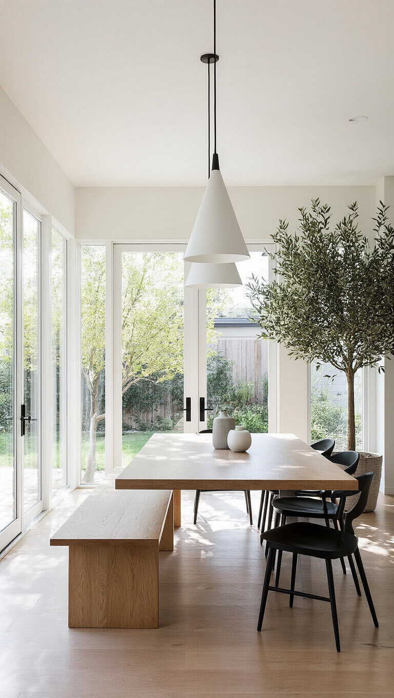 Minimalist modern-farmhouse dining area with wooden table, bench seating, black chairs, cone pendant lights, large olive tree, and floor-to-ceiling windows letting in natural light.
