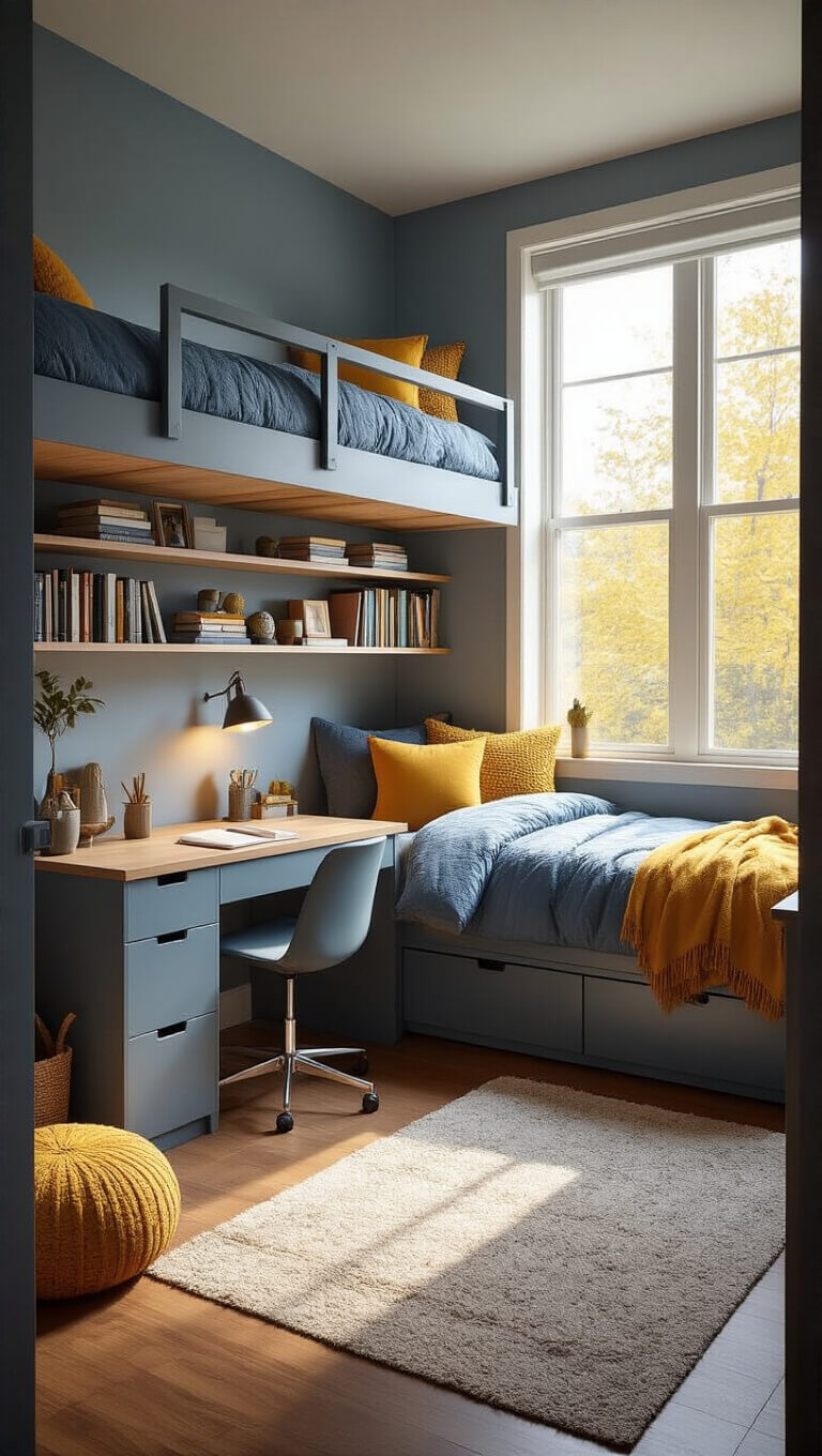 Cozy dorm room with lofted bed, sleek desk, and warm lighting, featuring muted blues, grays, and mustard accents.