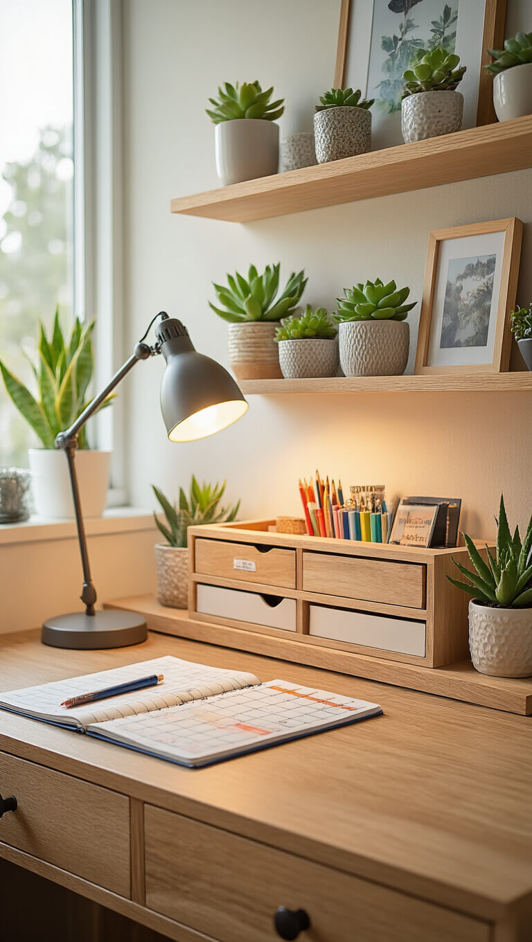 Organized dorm desk with drawer dividers, color-coded planner under desk lamp, floating shelves with succulents and framed photos, bathed in soft morning light.