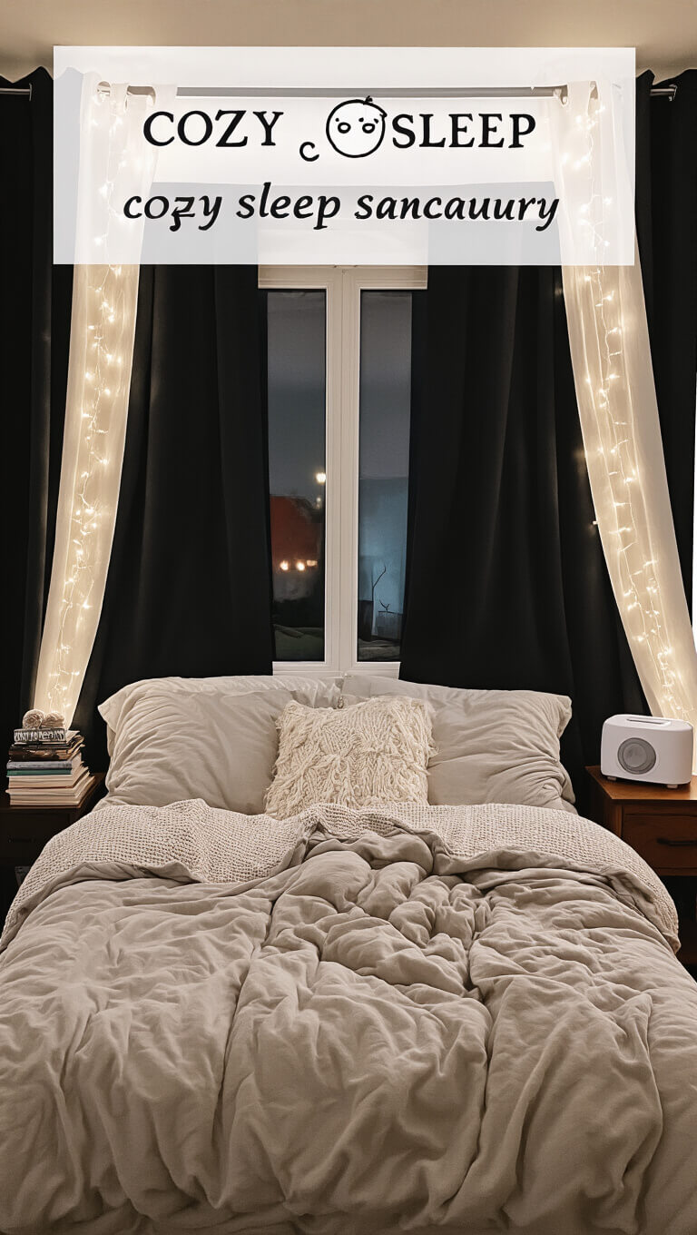 Cozy dorm room at twilight with blackout curtains, fairy lights, textured neutral bedding, white noise machine, and books on a nightstand, viewed from bed level.