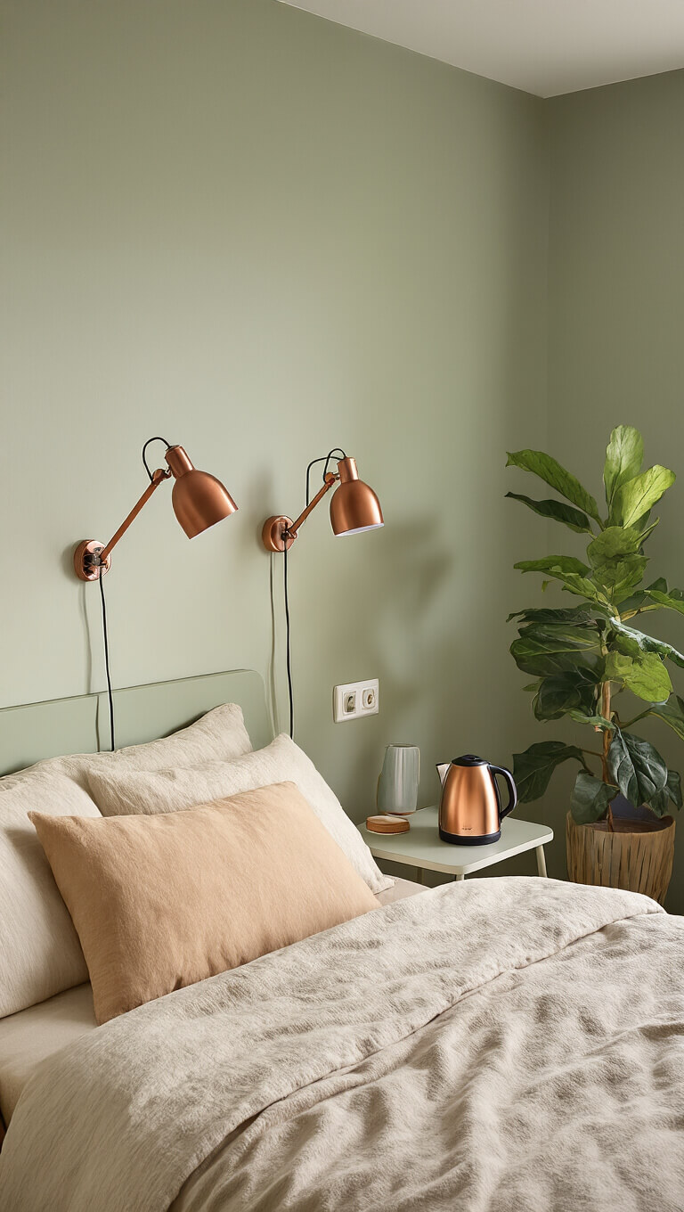 Minimalist dorm room with sage green, cream, and copper accents, featuring a compact electric kettle on a side table, clip-on reading lights, and a large potted plant in the corner.