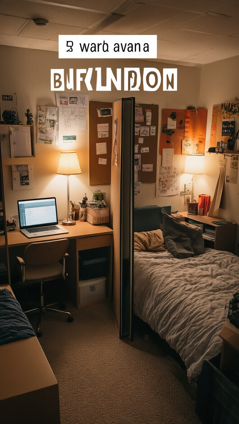Elevated view of a shared dorm room at evening, showing two personalized desks facing opposite walls, a privacy divider with a bulletin board, labeled shared items, and warm lamp lighting for a cozy, organized study space.