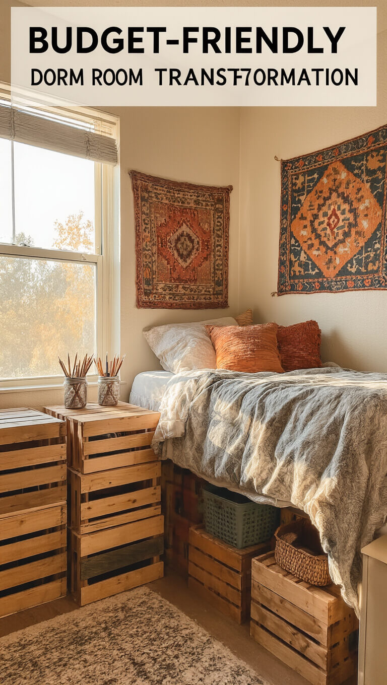 Budget-friendly dorm room with thrifted art, DIY storage solutions, and earthy-toned decor highlighted by late afternoon sunlight.