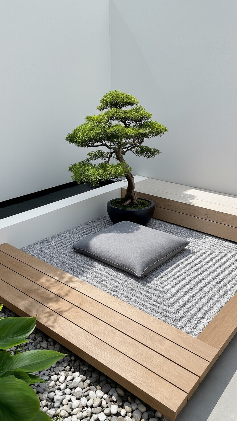 High-angle view of a minimalist zen garden with a raised wooden platform, gray floor cushion, bonsai tree in a black pot, raked gravel, and bamboo water feature against a white exterior wall.