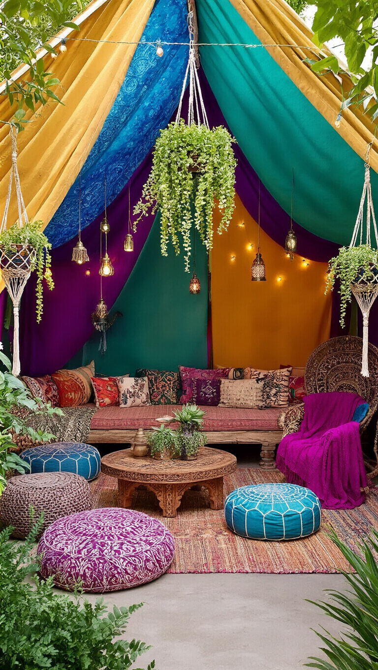 Boho garden sanctuary with colorful Moroccan tent, floor cushions, hanging plants, lanterns, and a peacock chair in golden hour light.