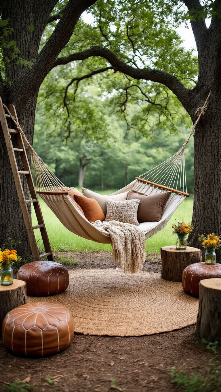 Low-angle view of a cozy woodland hammock retreat in a forest clearing, featuring a swaying rope hammock with pillows and a knit throw, surrounded by poufs, stump tables, wildflowers in jars, and hanging lanterns in warm, dappled afternoon light.