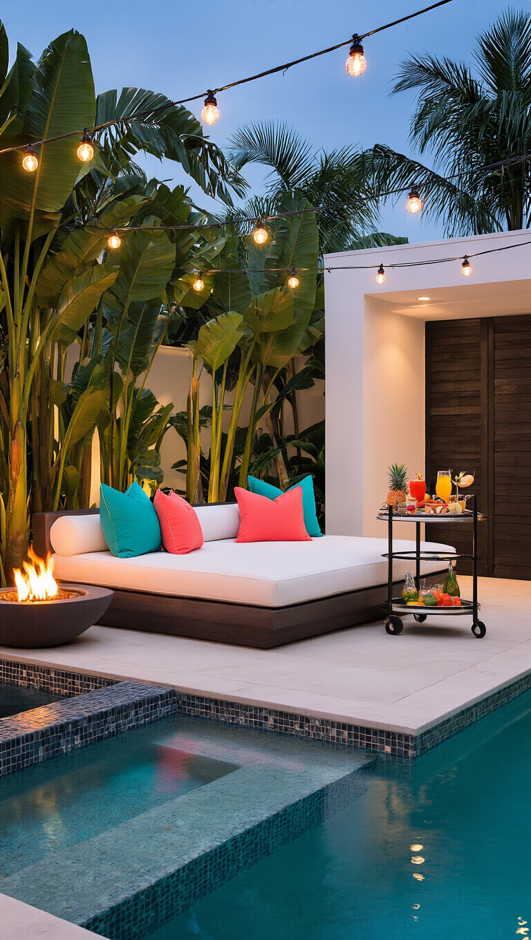Modern tropical cabana with white daybed, teal and coral pillows, lush palms, sculptural fire pit, floating bar cart, and globe lights at twilight beside a pool.