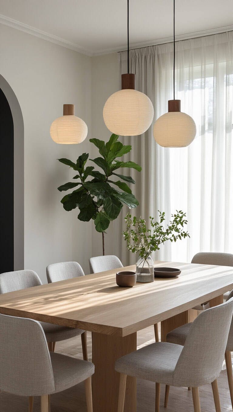 Serene dining room with light oak table, pale grey linen chairs, and Japandi pendant lights, bathed in soft afternoon light through sheer curtains.