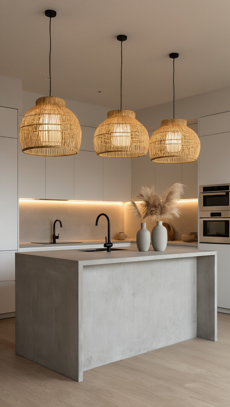 Open-concept Japandi kitchen at dusk with warm lighting, featuring bamboo and frosted glass pendant lights over a concrete island, white cabinetry, ash wood floors, and minimalist decor.