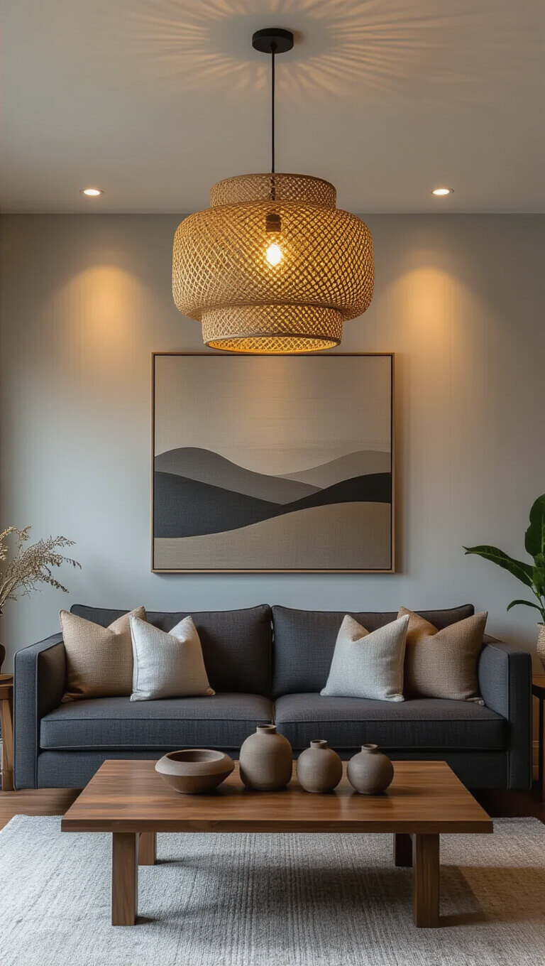 Twilight-lit Japandi living room with charcoal linen sofa, off-center rattan pendant casting shadows, recessed warm lighting, abstract earth-tone painting, and walnut coffee table with ceramic decor.