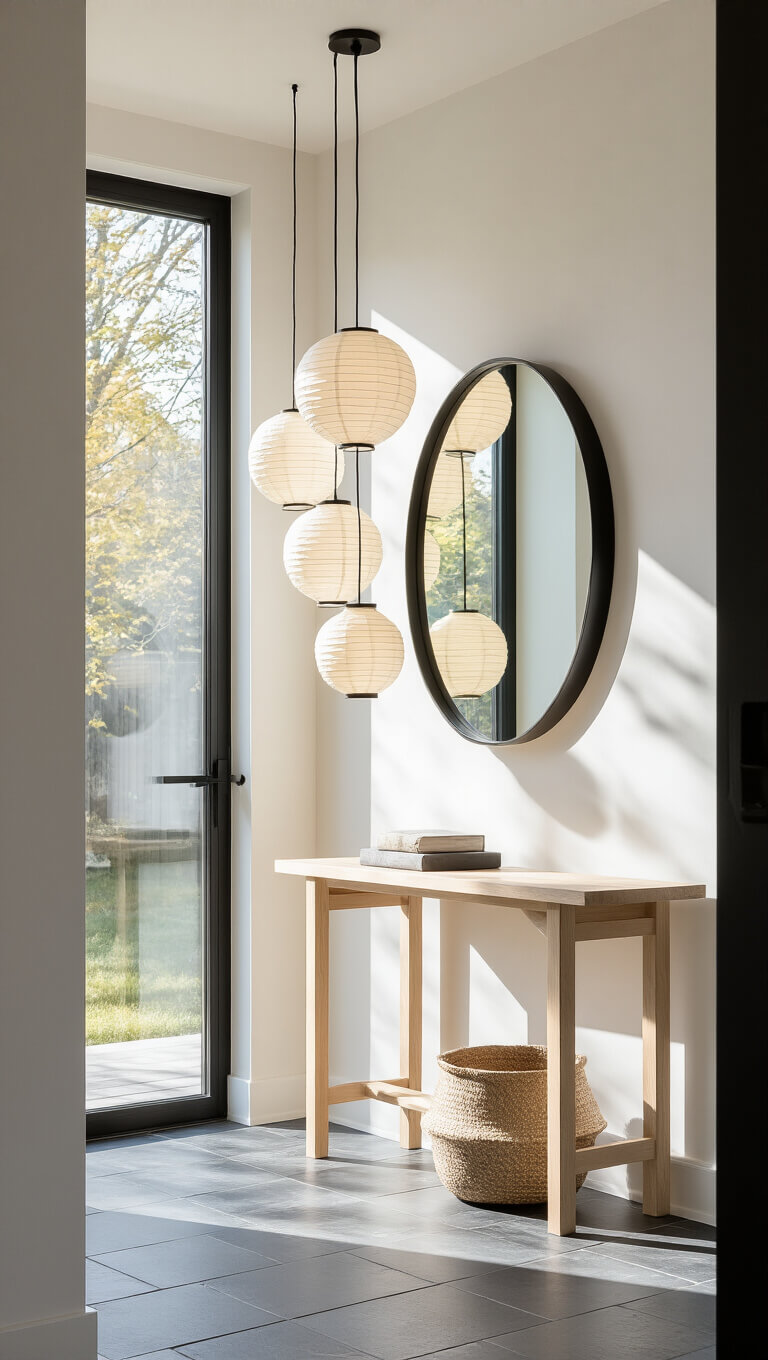 Bright Japandi-style entryway with floor-to-ceiling window, bleached oak console, hanging paper lanterns, round mirror, and minimalist black coat rack on dark slate floor.