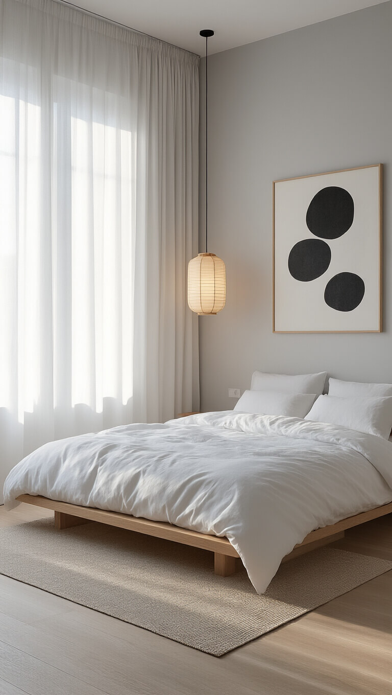 Minimalist 14x12 ft bedroom at dawn with soft light through sheer curtains, platform bed with white linens, low-hanging Japandi pendants, light oak floors, dove grey walls, and black-and-white abstract art above the bed.