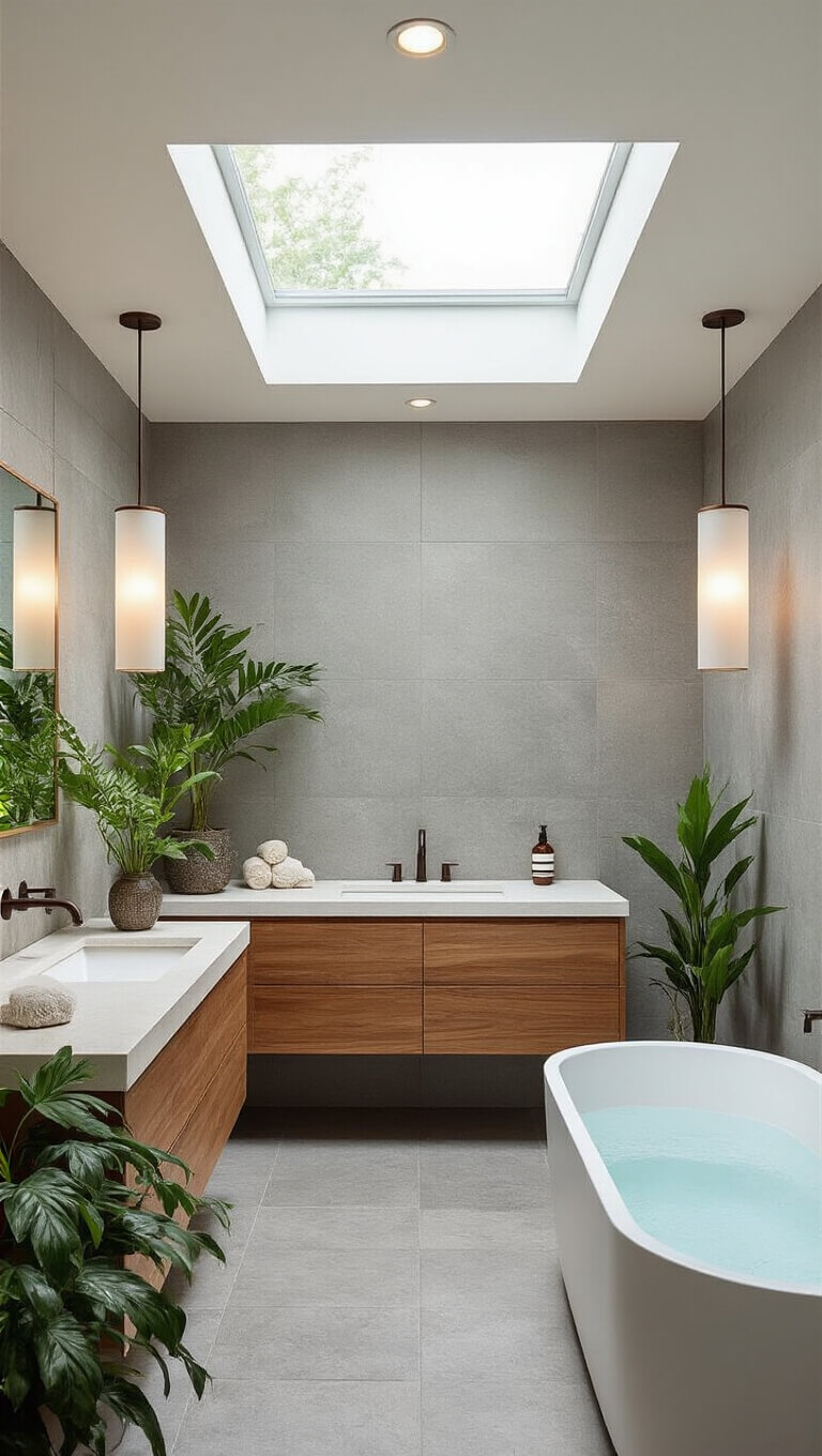 Spa-like bathroom with skylight, floating walnut vanity, frosted glass pendants, freestanding tub, grey tile accents, and green plants in serene lighting.