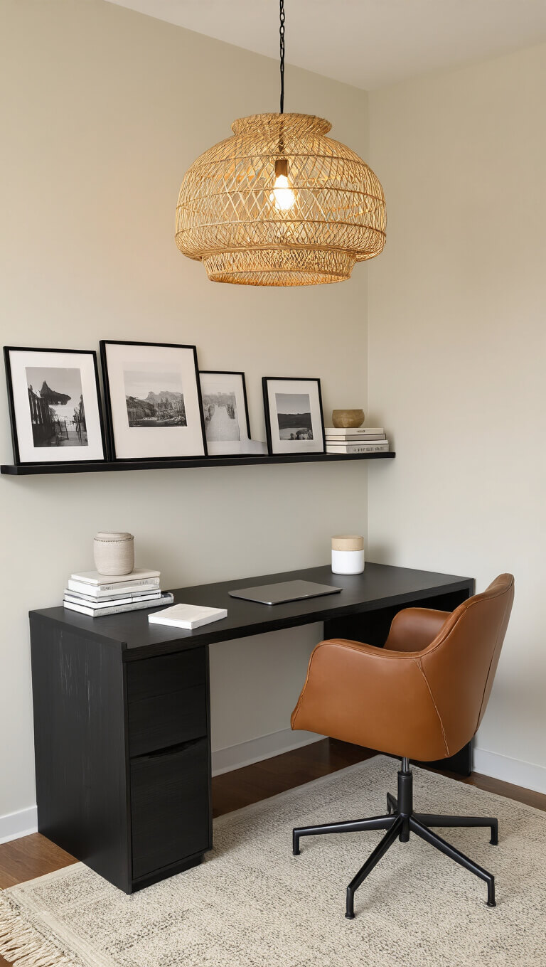 Home office nook with black-stained ash desk, cognac leather chair, floating shelves, and a woven bamboo Japandi pendant light casting warm glow.