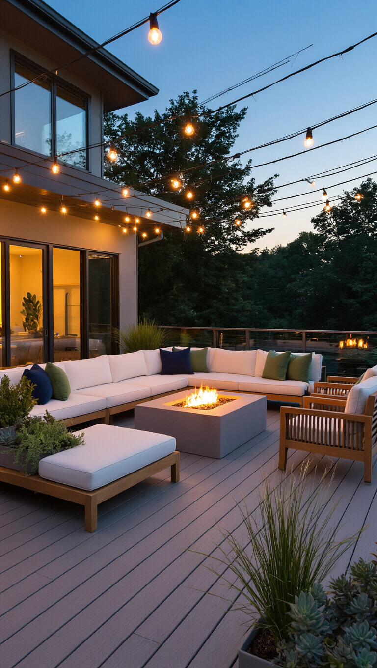 Modern minimalist deck at twilight with string lights, white L-shaped sectional, concrete fire pit, teak chairs, and potted plants.