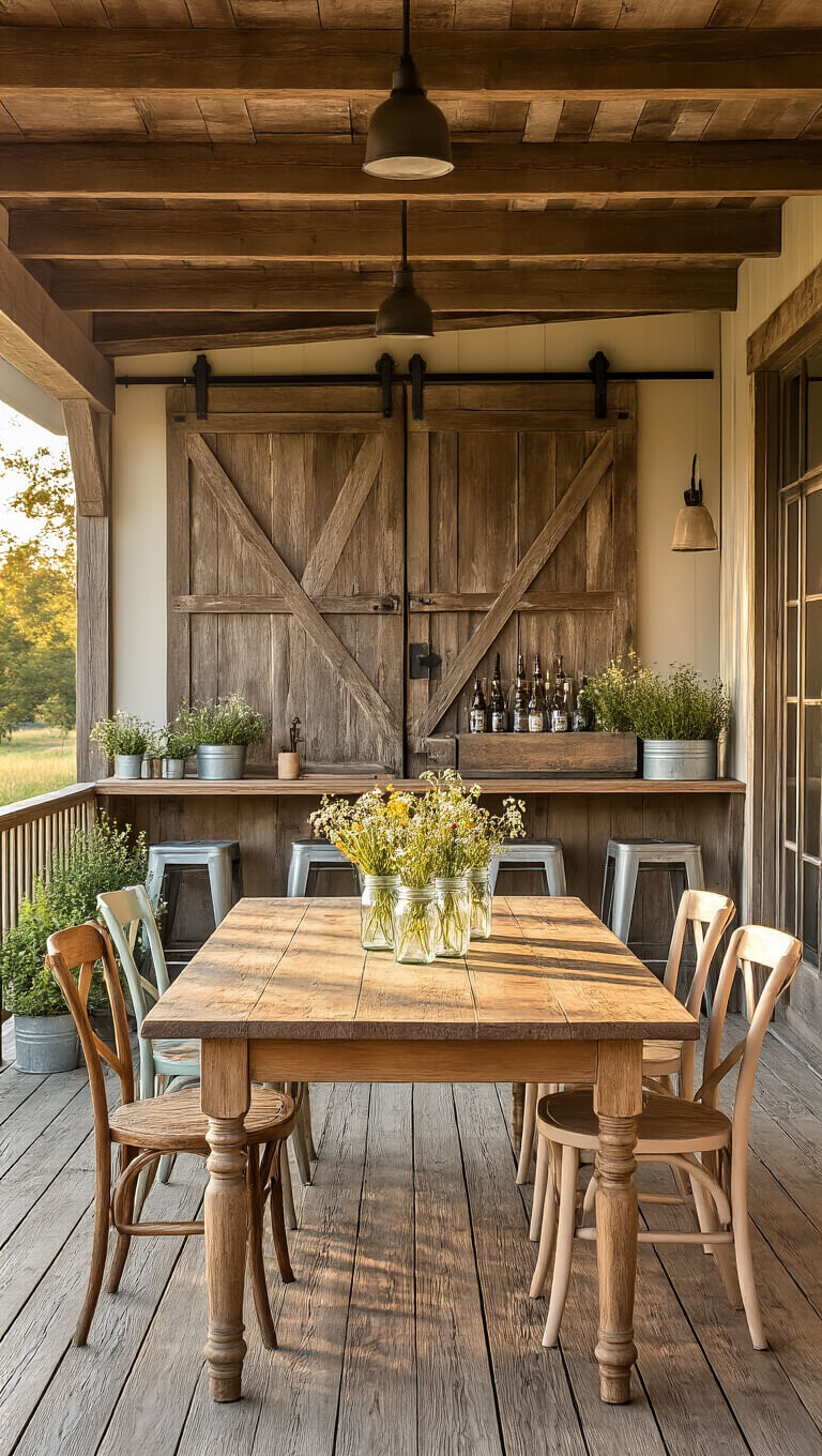 Rustic farmhouse-style deck with vintage table, mismatched pastel chairs, wildflower mason jars, built-in bar, and golden hour lighting.