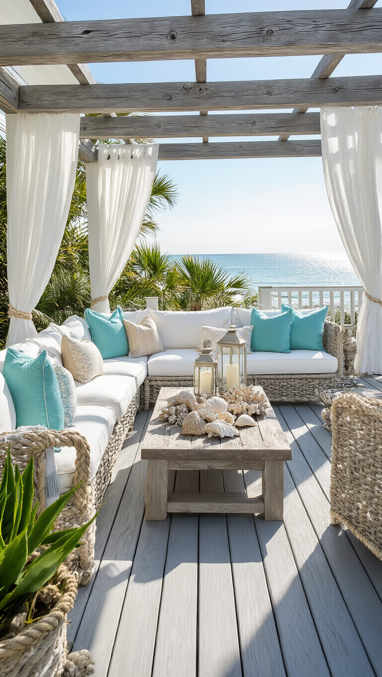Coastal-themed deck with weathered gray flooring, white pergola with flowing curtains, white sectional sofa with aqua and sand pillows, nautical accents, driftwood coffee table, and potted palms in bright midday sun.