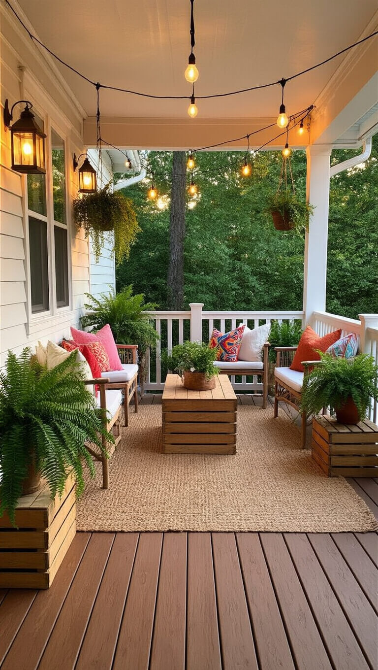Cozy budget-friendly 12x10ft deck with warm cedar-stained wood, white-painted eclectic furniture, jute rug, Moroccan pillows, string lights, and lush plants at golden hour.
