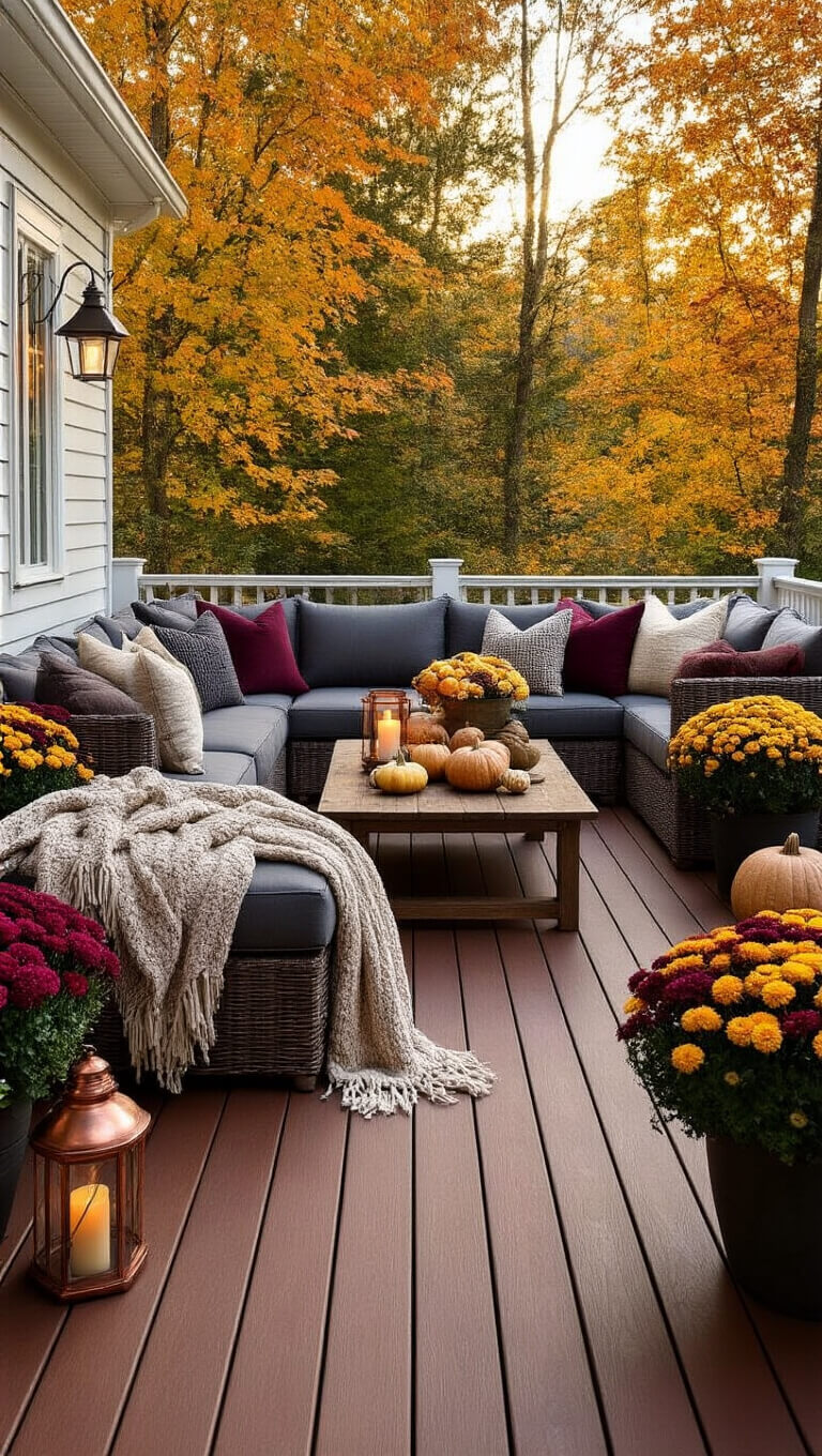 Cozy fall-themed deck with charcoal sectional, jewel-toned pillows, rustic decor, potted mums, and warm afternoon lighting.