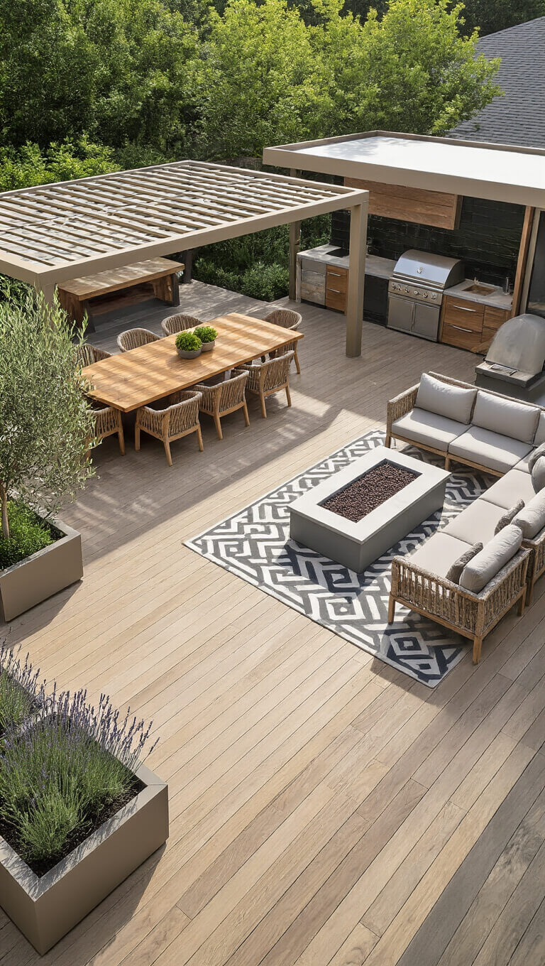 Elevated view of a spacious 30x20ft outdoor deck with separate dining, lounge, and cooking areas, featuring light oak flooring, a shaded pergola, modern furniture, and large planters with olive trees and lavender.