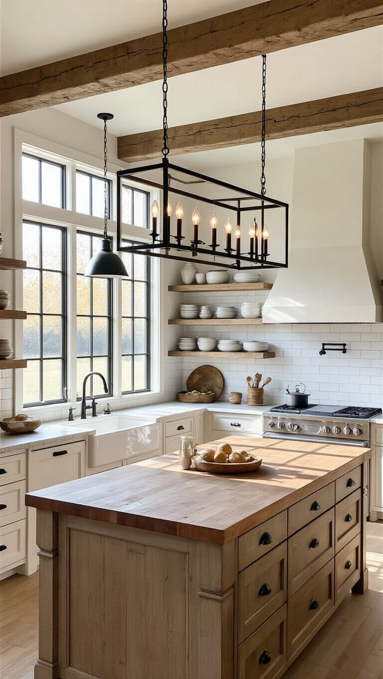 Sunlit farmhouse kitchen with exposed beams, large butcher block island, linear wood chandelier, vintage pendants, open shelves, and warm white and wood tones.
