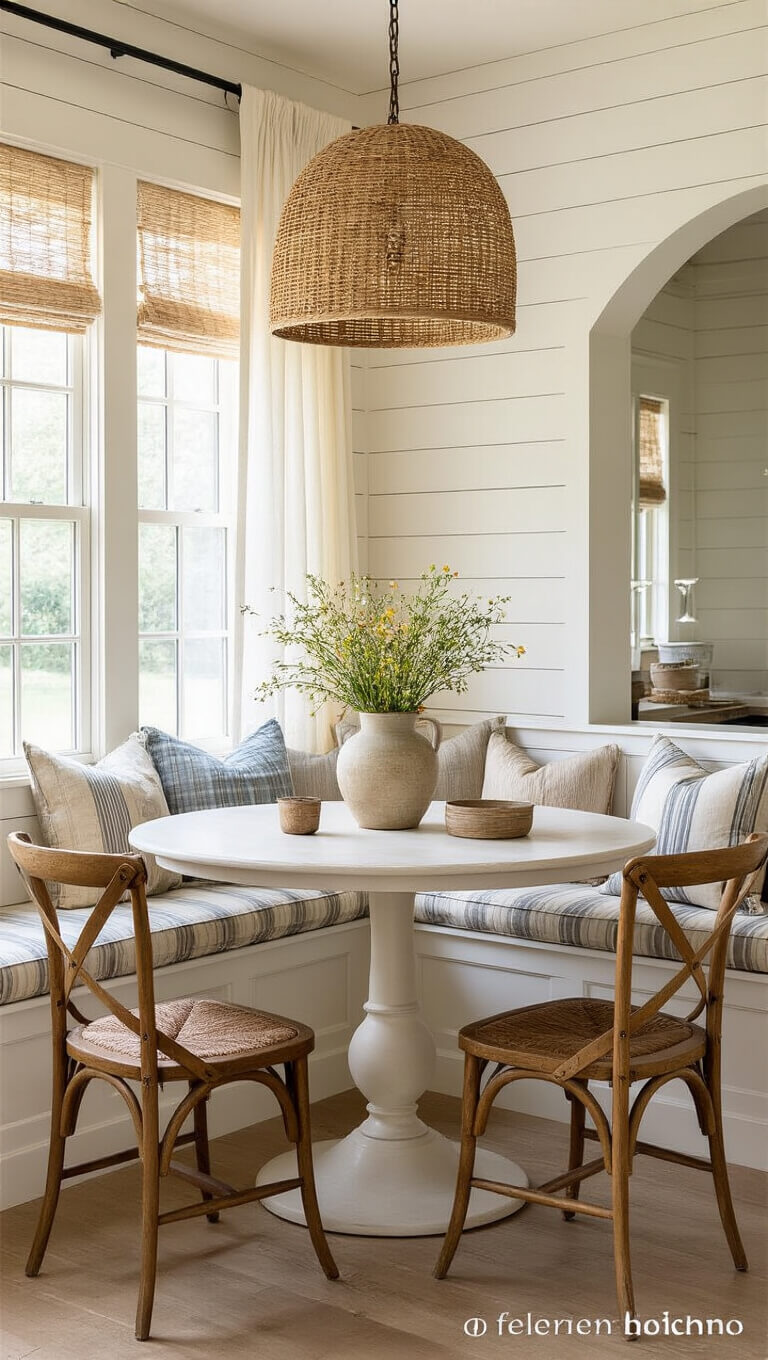 Cozy farmhouse dining nook with a round wooden table, mismatched chairs, and a woven pendant light casting shadows; golden hour light filters through curtains onto shiplap walls and a built-in bench with striped cushions and floral pillows.