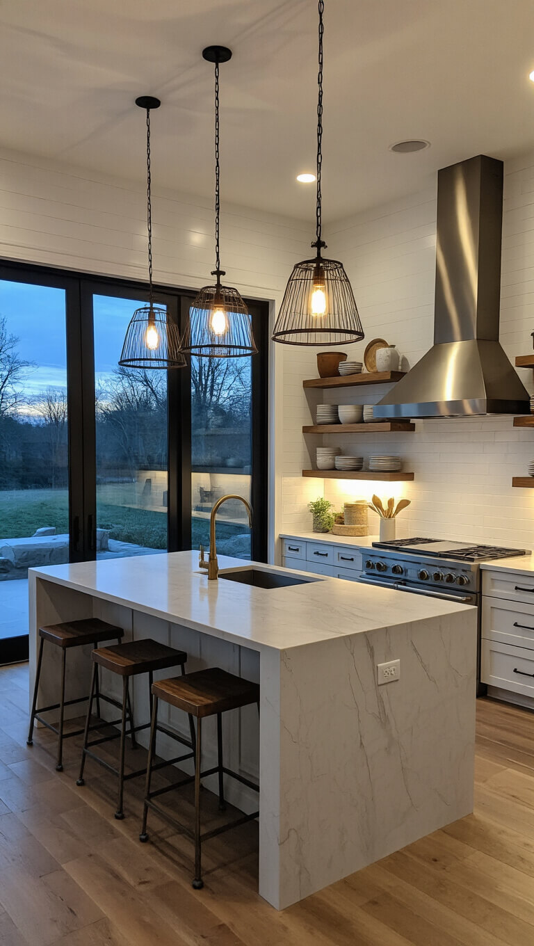 Modern farmhouse kitchen at dusk with quartz island, black metal pendants, brass range hood, stainless appliances, and rustic flooring.
