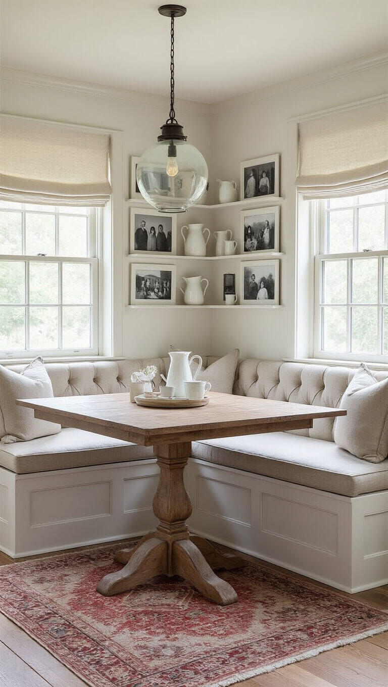 Close-up of a cozy farmhouse breakfast nook table with vintage milk glass pendant above, tufted banquette seating, and soft morning light filtering through Roman-shaded windows.