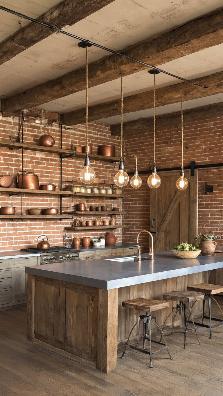 Rustic-industrial farmhouse kitchen with exposed brick, reclaimed wood beams, zinc island, Edison bulb lighting, and open shelving, bathed in golden hour light.