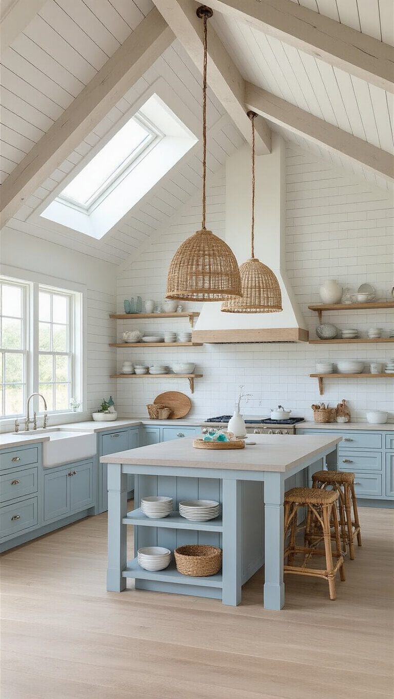 Coastal-inspired farmhouse kitchen with pale blue cabinets, concrete island, rattan pendants, skylight, and sun-bleached wood floors in bright morning light.